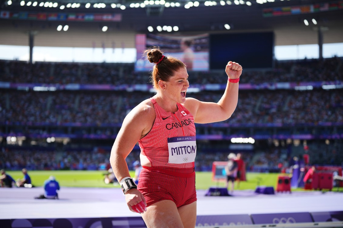 Sarah Mitton reacts during the shot put qualification round on Thursday.