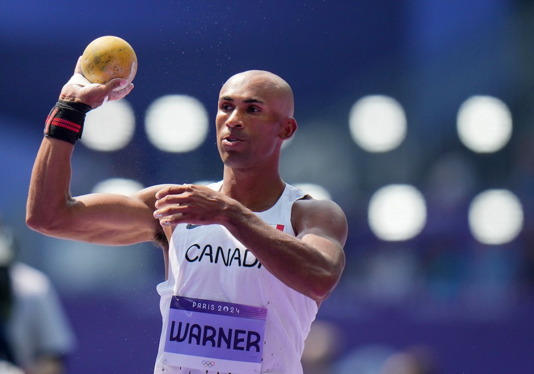 Damian Warner competes in the shot put during men’s decathlon at the 2024 Paris Olympics Games in France on Tuesday, July 29, 2024. Photo by Leah Hennel