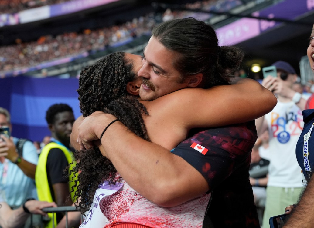 Team Canada’s Camryn Rogers celebrates winning gold in Hammer Throw during the 2024 Paris Olympics Games in France on Tuesday, August 6, 2024. Photo by Leah Hennel