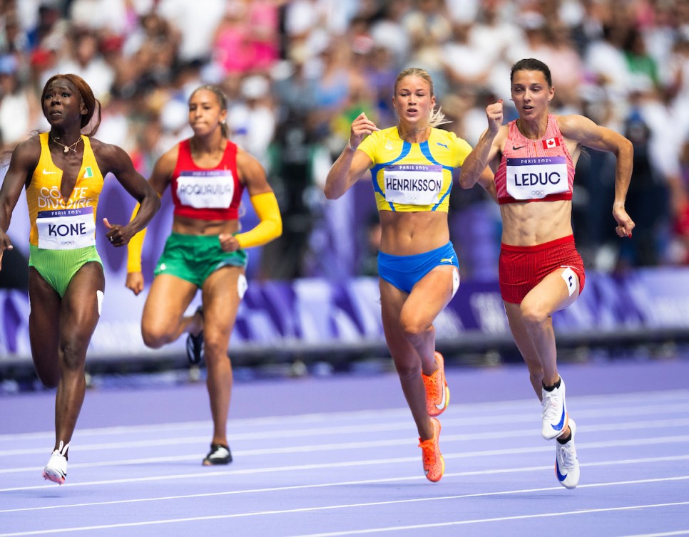 Audrey Leduc competes in 100m heat while breaking the Canadian record during the 2024 Paris Olympics Games in France on Friday, August 2, 2024. Photo by Mark Blinch/