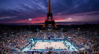 Team Canada’s Heather Bansley and Sophie Bukovec warm up before their match against Team USA in beach volleyball under the Eiffel Tower during the 2024 Paris Olympic Games.