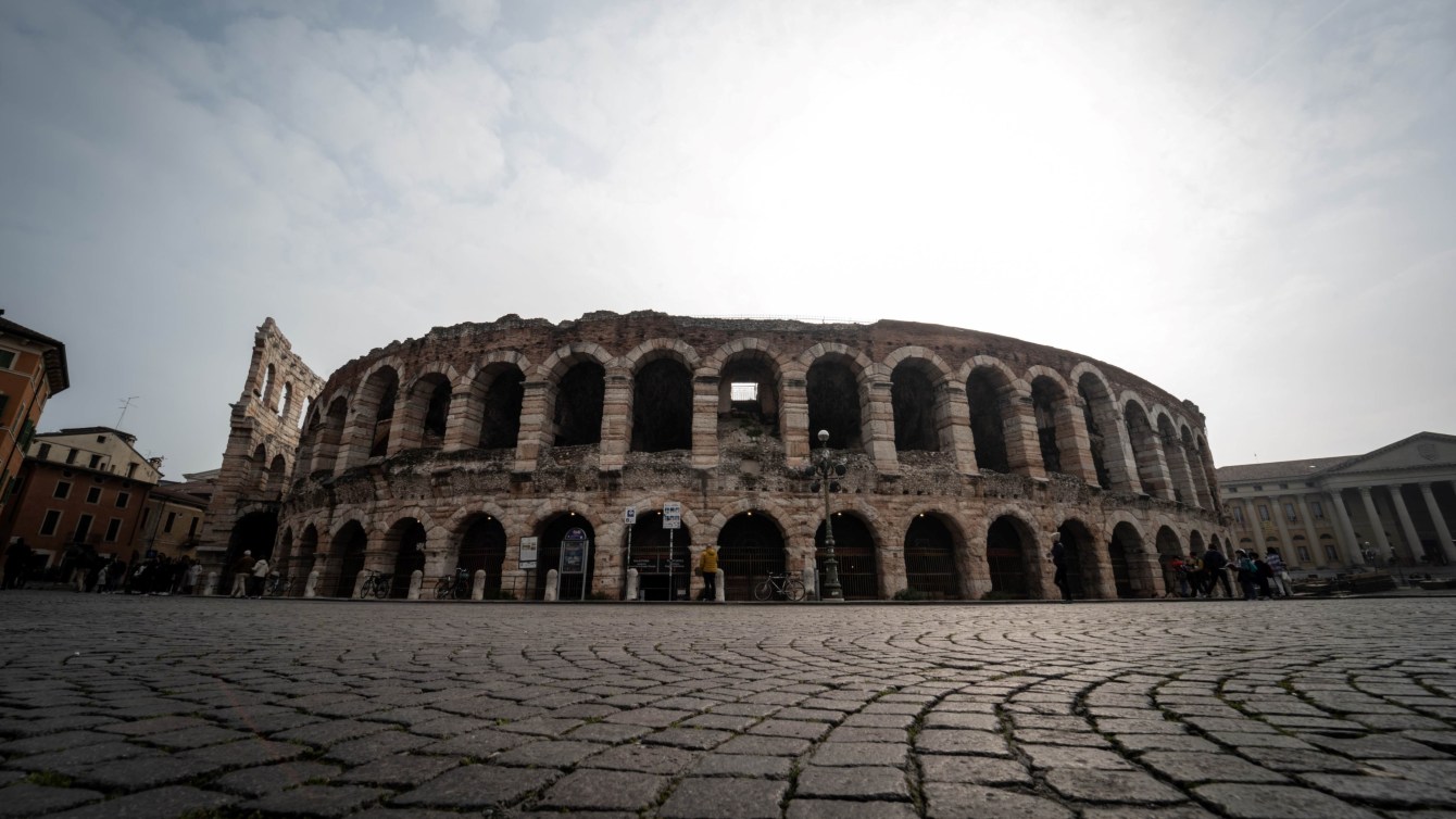 A shot of the exterior of the Verona Olympic Stadium, an ancient roman ampitheatre