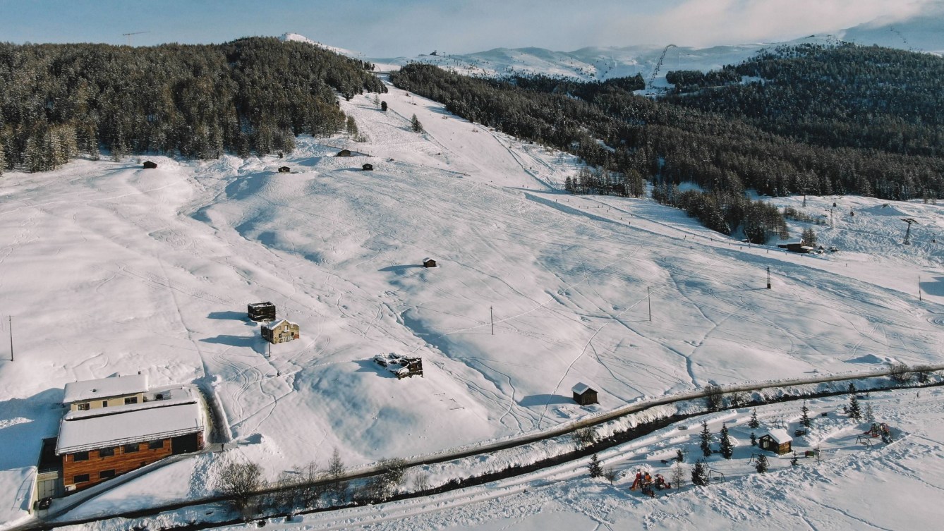 An aerial shot of a ski area