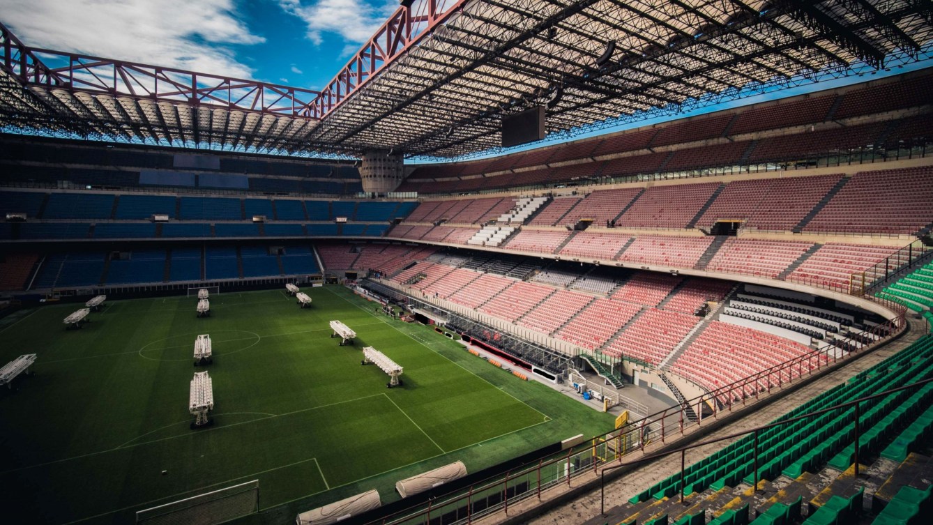 The interior of the San Siro Stadium soccer field