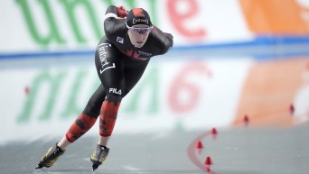 Canadian speed skator ivanie Blondin competes in the women's 3000m final at the Nagano World Cup.