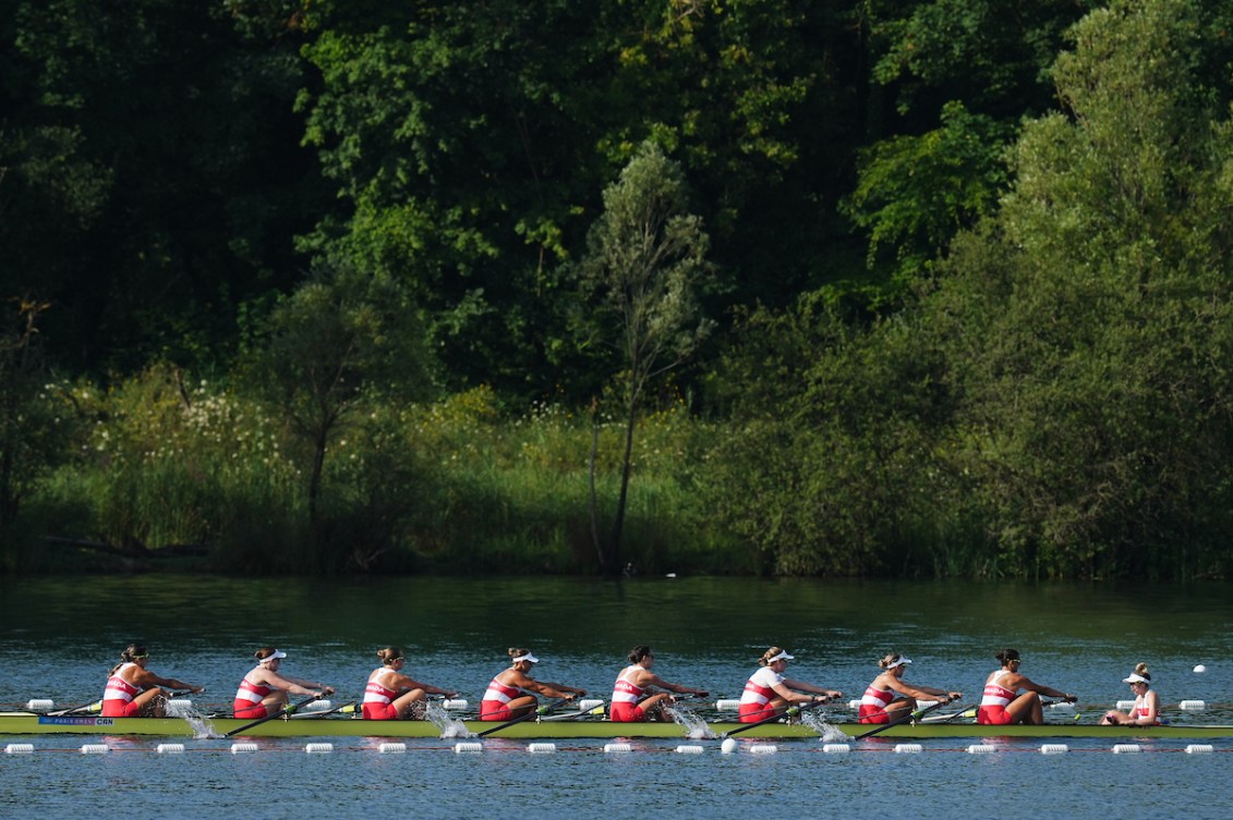 Team Canada's women's eight row in unison at the Paris 2024 Olympic Games