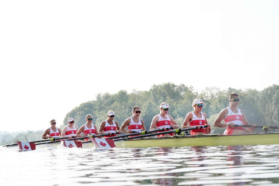 Team Canada women's eight rowers pull in unison at Paris 2024