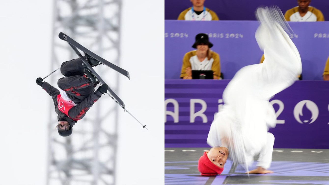 A split screen features a photo of cassie sharpe flipping on skis on the right, and phil wizard spinning on his head on the left