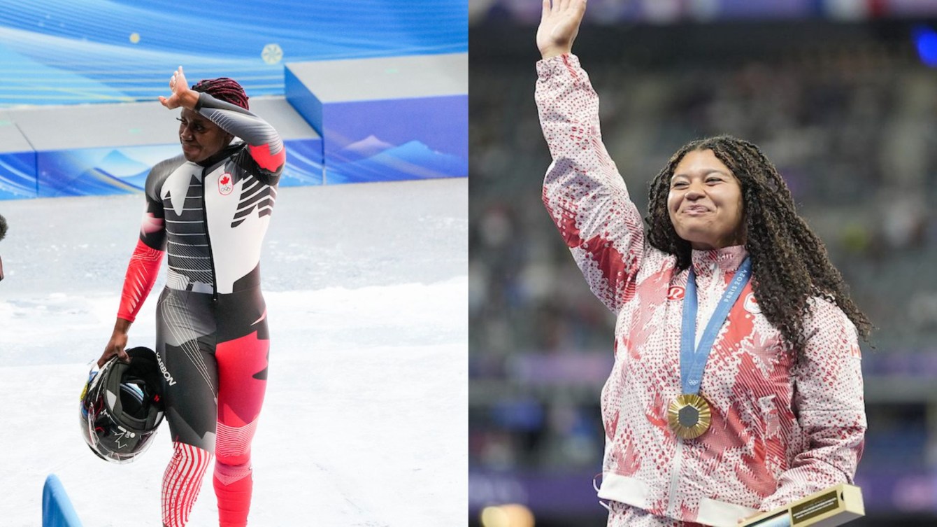 A split screen shows cynthia appiah holding her helmet and waving to the crowd on the left, and camryn rogers wearing her gold medal and waving to the crowd on the right