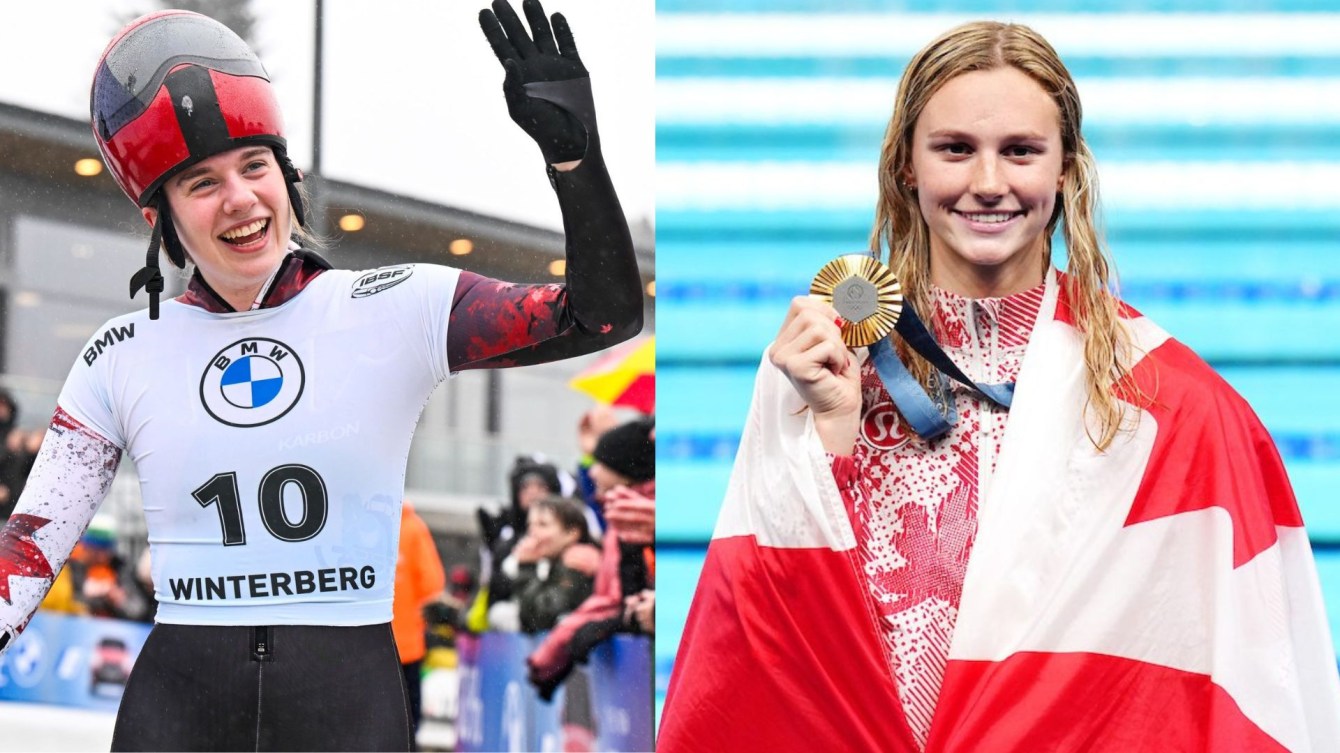 A split screen shows Hallie Clarke waving to the crowd while wearing a helmet on the left, and Summer McIntosh wearing her medal and a Canadian flag on the right