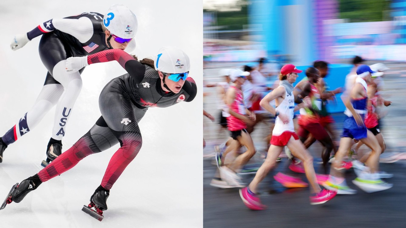 A split screen shows ivanie blondin speed skating on the left and evan dunfee race walking on the right