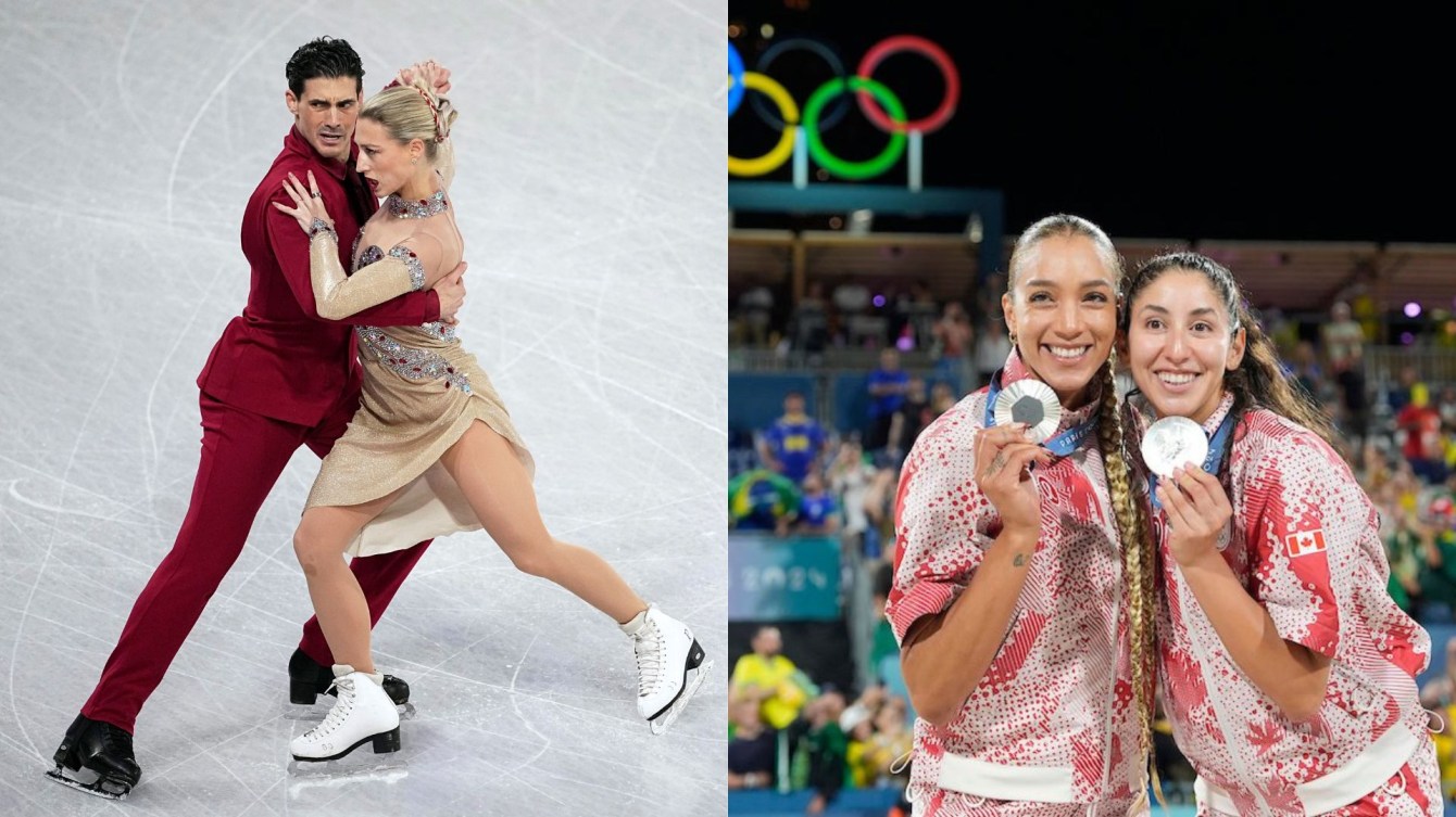 A split screen shows Paul Poirier and Piper Gilles ice dancing on the left, and Melissa Humana-Paredes and Brandie Wilkerson show their medals on the right