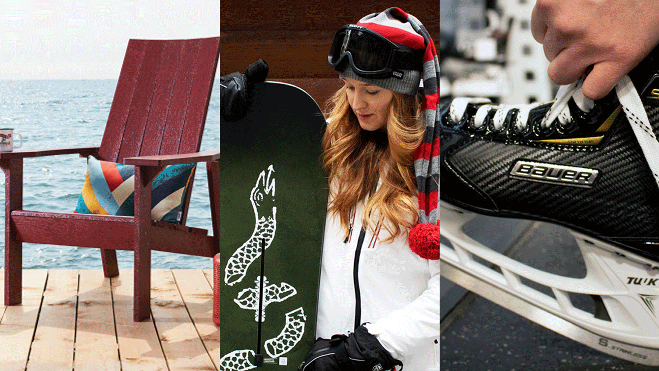 a GIF plays of a woman holding a red and white jacket, a samsung phone, a hockey skate, a red deck chair in front of water, a woman holding a green snowboard, and a red kayak on sand. at the end a red button appears with white text that says win prizes