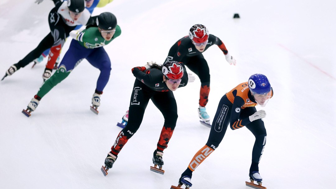 Courtney Sarault of Canada, Michelle Velzeboer of the Netherlands and Danae Blais of Canada compete in the quarterfinals of the women's 1500m during day one of the Odido Cup #5 Tilburg during the ISU World Short Track Speed Skating Tour at IJssportcentrum on February 07, 2025 in Tilburg, Netherlands.