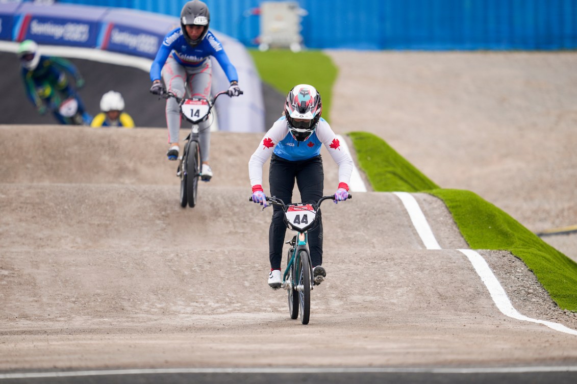 Molly Simpson of Canada competes in the Women's BMX Racing during the Santiago 2023 Pan American Games.