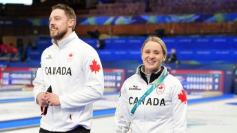Team Canada’s Brett Gallant and Jocelyn Peterman after competing against USA in mixed doubles curling