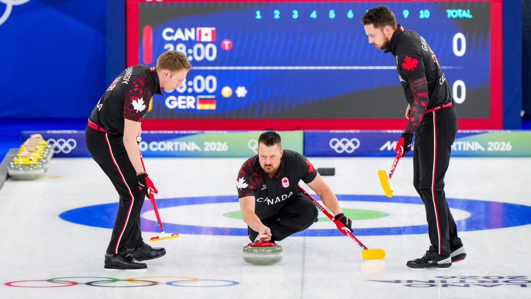 Marc Kennedy, Ben Hebert and Brett Gallant compete against Germany in round robin curling
