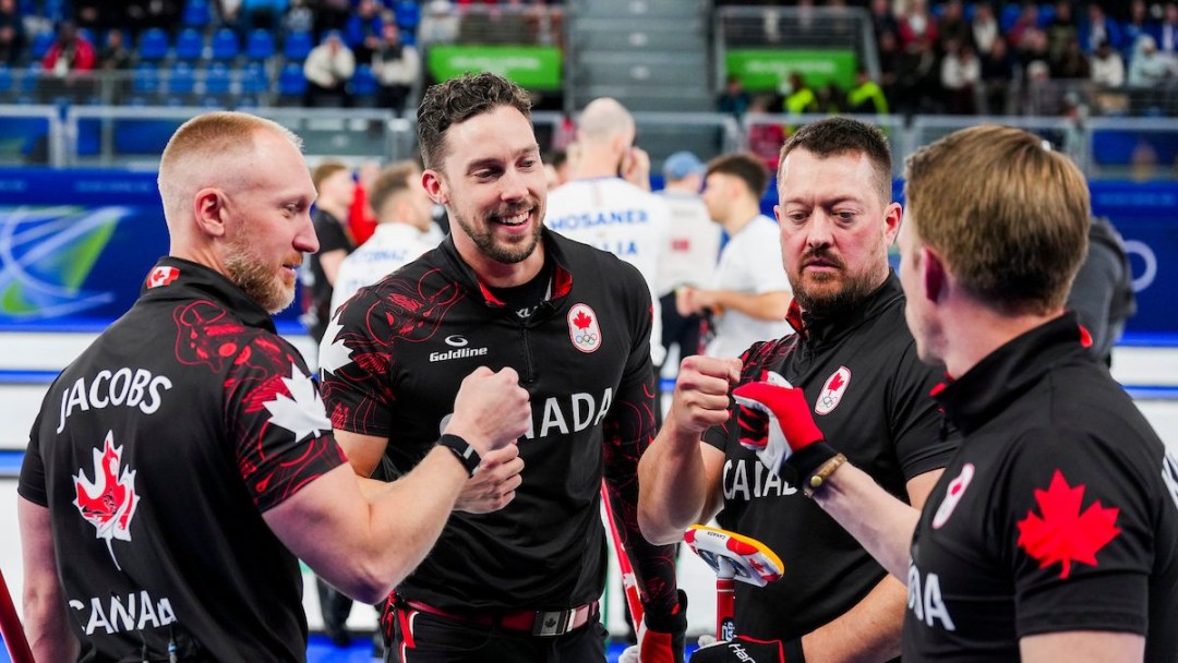 Brad Jacobs, Brett Gallant, Ben Hebert and Marc Kennedy celebrate against Sweden in curling