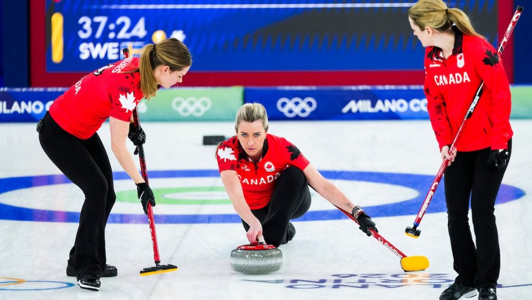 Team Canada’s Emma Miskew competes against Sweden in curling