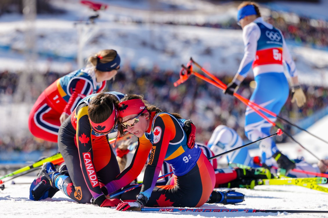 Liliane Gagnon and Alison Mackie react after the race