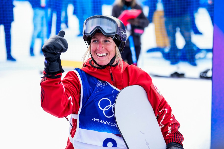 Team Canada’s Juliette Pelchat smiles after her third and final run in Women's Snowboard Slopestyle