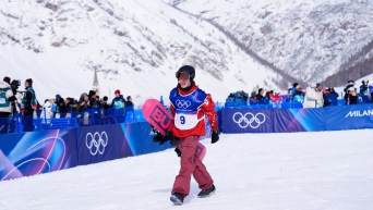 Mark McMorris reacts following his second run in Snowboard Men's Slopestyle finals