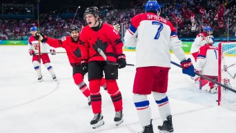 acklin Celebrini celebrates his goal with Tom Wilson