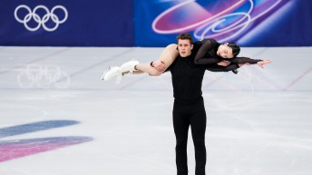 Lia Pereira and Trennt Michaud of Team Canada take part in a training session
