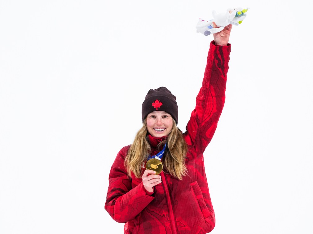 Team Canada's Megan Oldham holds her gold medal on the podium after finals for Freestyle Skiing Women's Freeski Big Air at the 2026 Milano Cortina Olympic Games in Livigno, Italy.