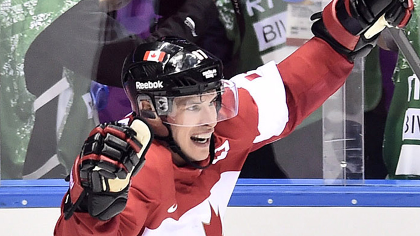 Canada forward Sidney Crosby celebrates his goal against Sweden during second period action in the gold medal game against at the 2014 Sochi Winter Olympics in Sochi, Russsia, on Sunday, February 23, 2014. THE CANADIAN PRESS/Nathan Denette