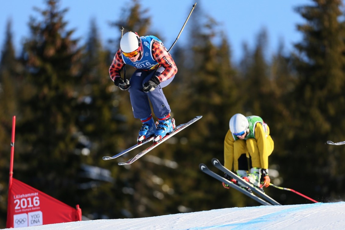 Reece Howden CAN (Left) and Cornel Renn GER compete during the Men's Ski Cross at the Hafjell Freepark at the Winter Youth Olympic Games, Lillehammer Norway, 15 February 2016. Photo: Arnt Folvik for YIS/IOC Handout image supplied by YIS/IOC