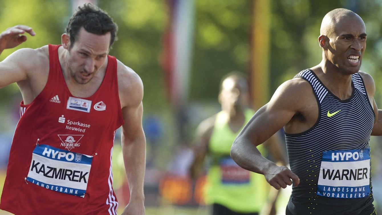 Kai Kazmirek de l’Allemagne et Damian Warner pendant le 400 m à l’Hypo-Meeting, le 29 mai 2016. (Photo : Günter Junk via meeting-goetzis.at)