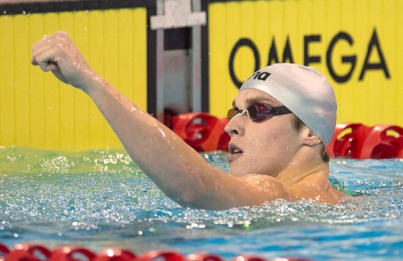 Santo Condorelli celebrates after winning the men's 100m freestyle final at the 2015 Canadian Swimming Trials at the Toronto Pan Am Sports Centre in Toronto on Thursday April 2, 2015. THE CANADIAN PRESS/Frank Gunn