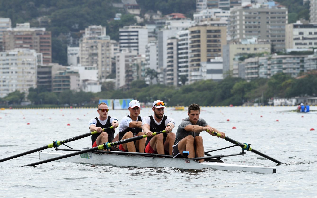 Kai Langerfeld, right to left, Conlin McCabe, Tim Schrijver and Will Crothers of Canada's men's four Olympic rowing crew practice at Lagoa in Rio de Janeiro, Brazil on Thursday Aug. 4, 2016. THE CANADIAN PRESS/Sean Kilpatrick