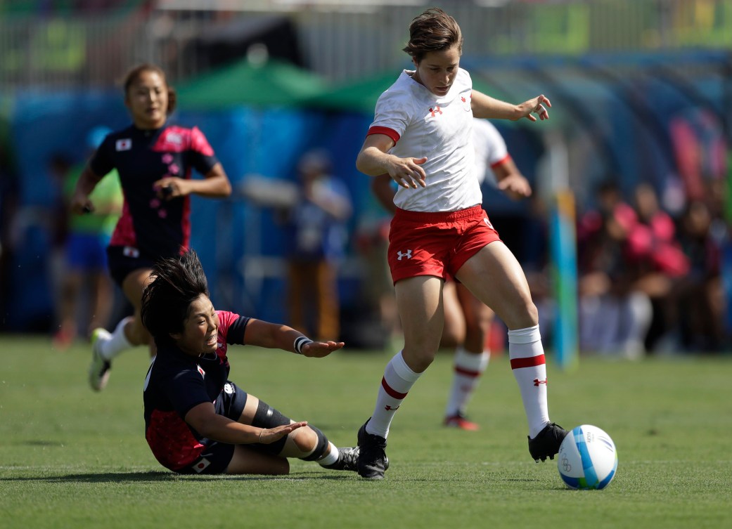Ghislaine Landry a marqué le premier essai du Canada au tournoi olympique de rugby féminin contre le Japon, le 6 août 2016 à Rio.