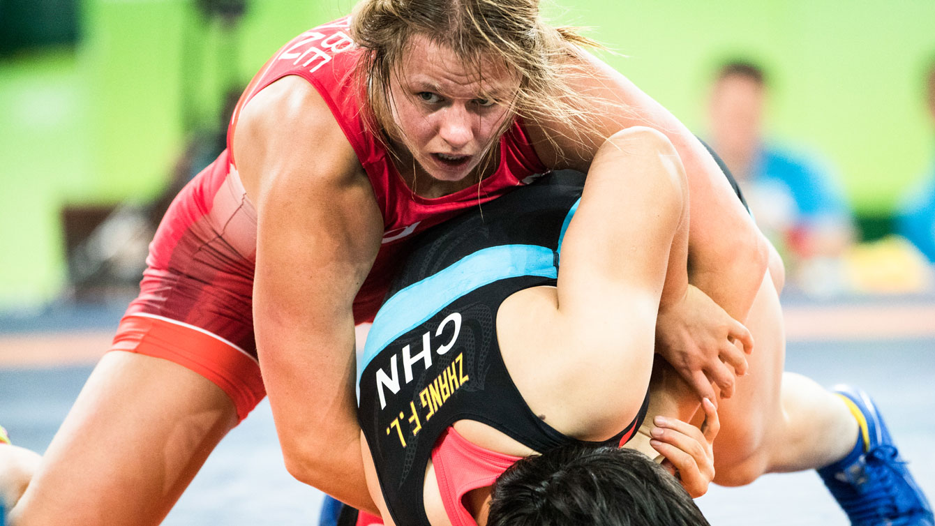 Erica Wiebe lors de son combat de quarts de finale aux Jeux olympiques de Rio, le 18 août 2016. (Photo : David Jackson)