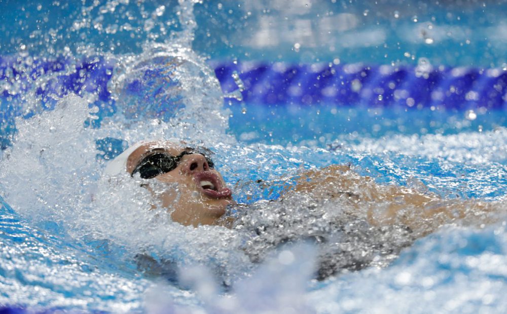 Kylie Masse durant la finale du 100 m dos aux Jeux de Rio, où elle a gagné la médaille de bronze. 8 août 2016. (Photo/Jason Ransom)