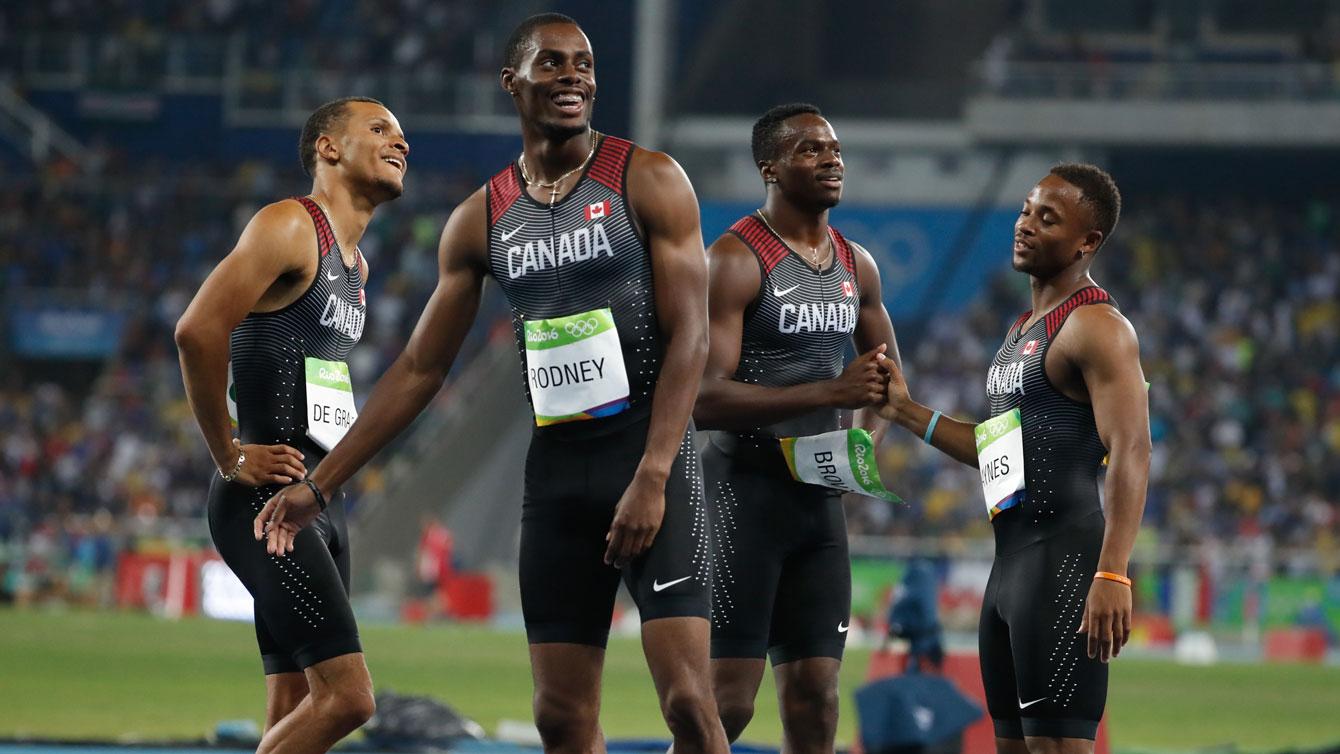 (G-D) Andre De Grasse, Brendon Rodney, Aaron Brown et Akeem Haynes.