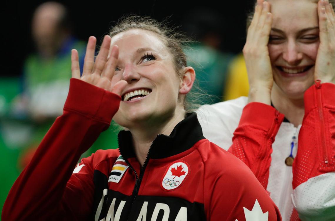 Rosie Maclennan après sa performance en finale à la trampoline aux Jeux de Rio. 12 août 2016. Photo Jason Ransom