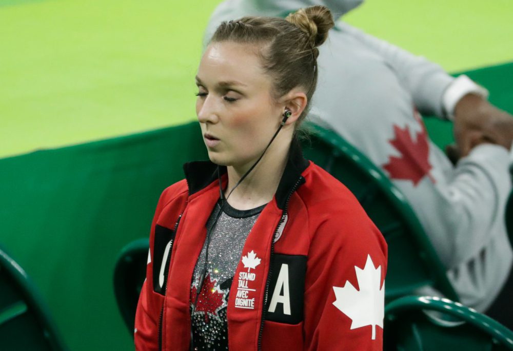 Rosie Maclennan durant sa performance en qualifications à la trampoline aux Jeux de Rio. 12 août 2016. Photo Jason Ransom