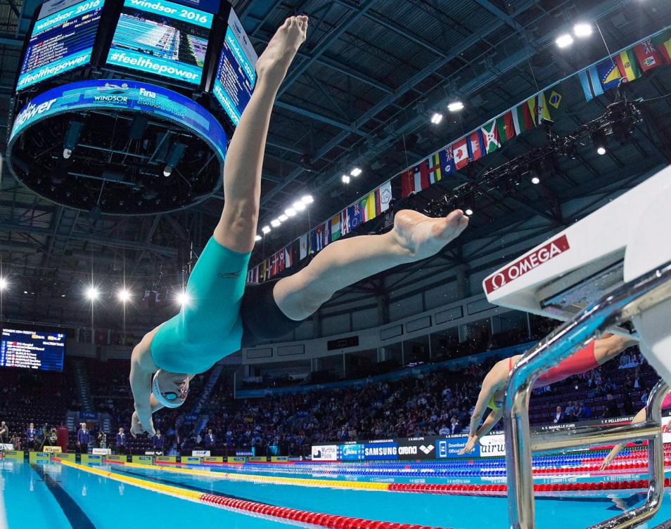 Penny Oleksiak plonge dans la piscine des Mondiaux en petit bassin de Windsor, le 8 décembre 2016. THE CANADIAN PRESS/Frank Gunn