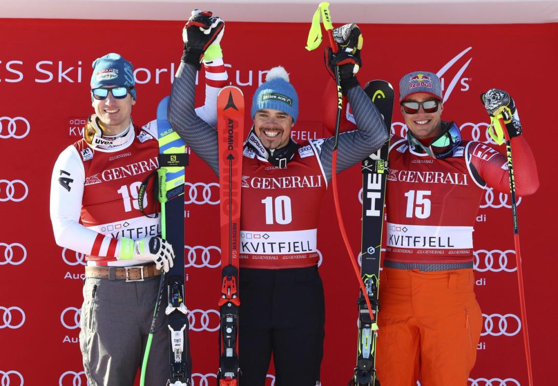 Hannes Reichelt of Austria, Peter Fill of Italy and Erik Guay of Canada at the super-G medal ceremony at the Kvitfjell World Cup on 25 February 2017. (AP Photo / Alessandro Trovati)