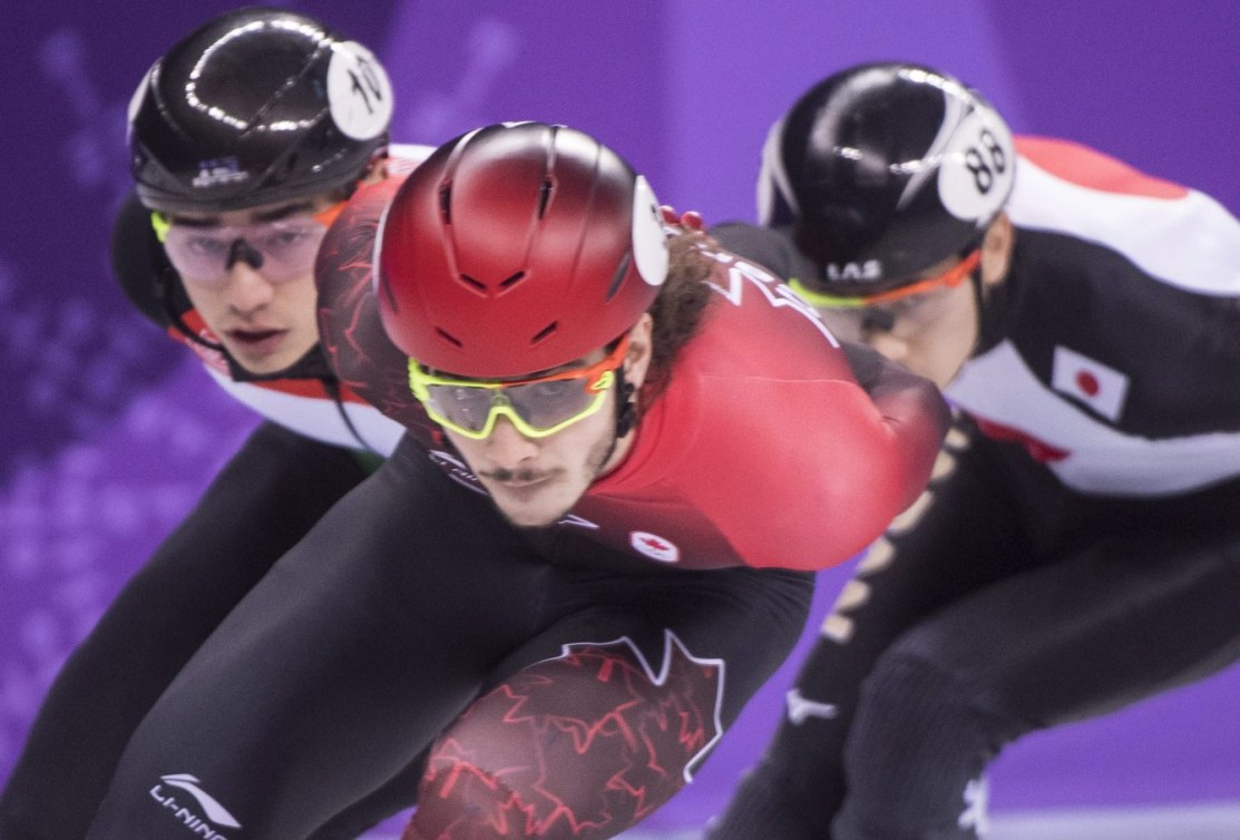 Samuel Girard, d’Équipe Canada, en action pendant les rondes de la compétition masculine de 1500 m aux Jeux olympiques d’hiver de 2018, le samedi 10 février 2018. LA PRESSE CANADIENNE/Paul Chiasson