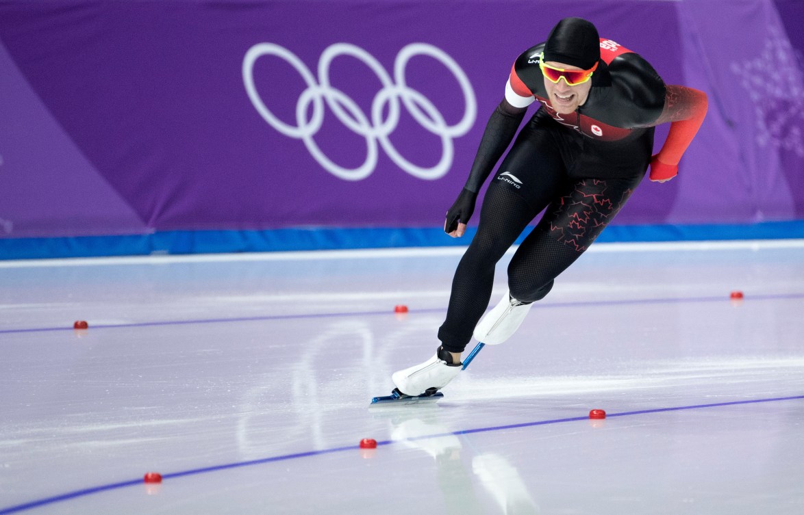 Le Canadien Benjamin Donnelly en action à l’épreuve masculine de 1500 m aux Jeux olympiques d’hiver de PyeongChang 2018 en Corée, le mardi 13 février 2018. Photo : COC/Jason Ransom