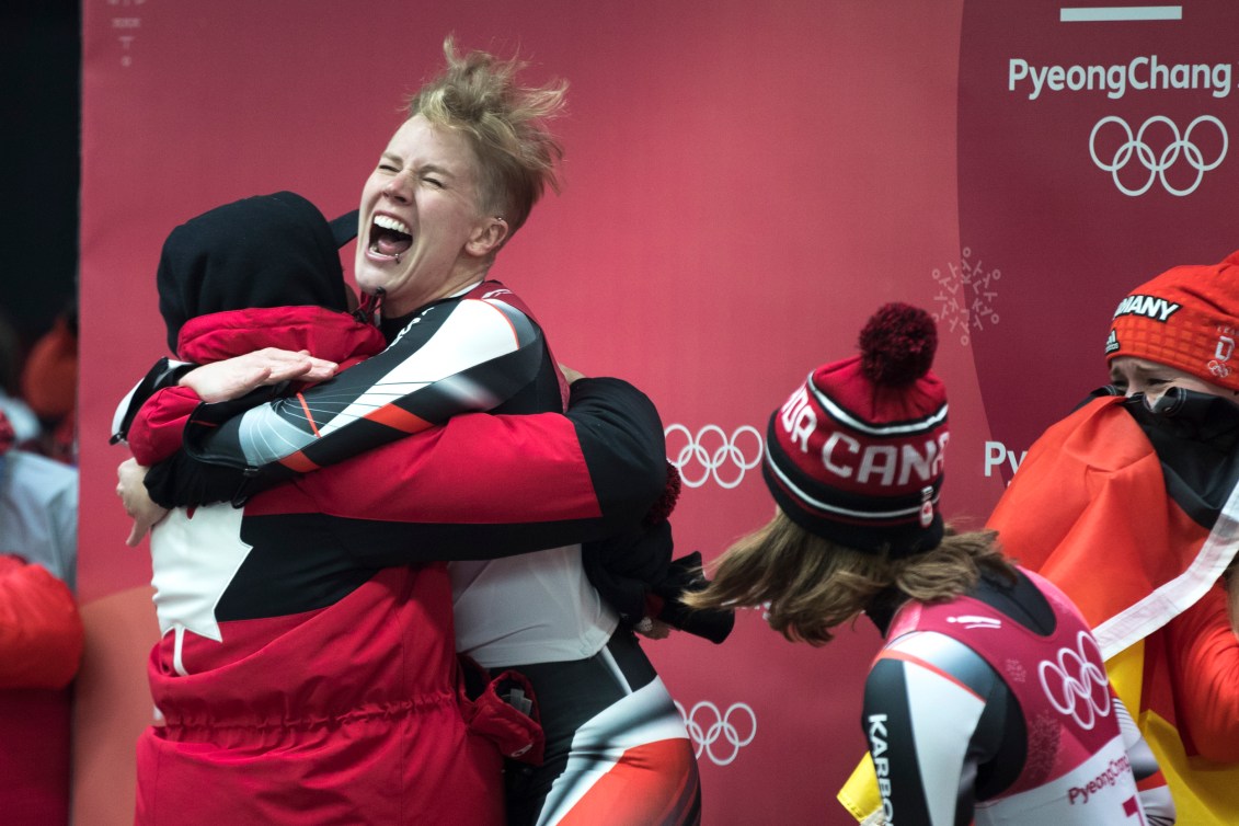 Alex Gough, d’Équipe Canada réagit en apprenant qu’elle a remporté la médaille de bronze en luge simple féminine à PyeongChang 2018. Photo : COC/David Jackson