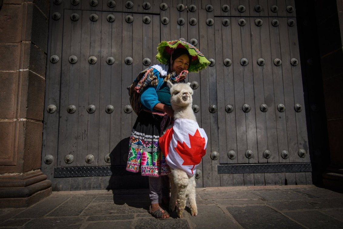 Une Péruvienne pose avec un lama vêtu d'un drapeau canadien